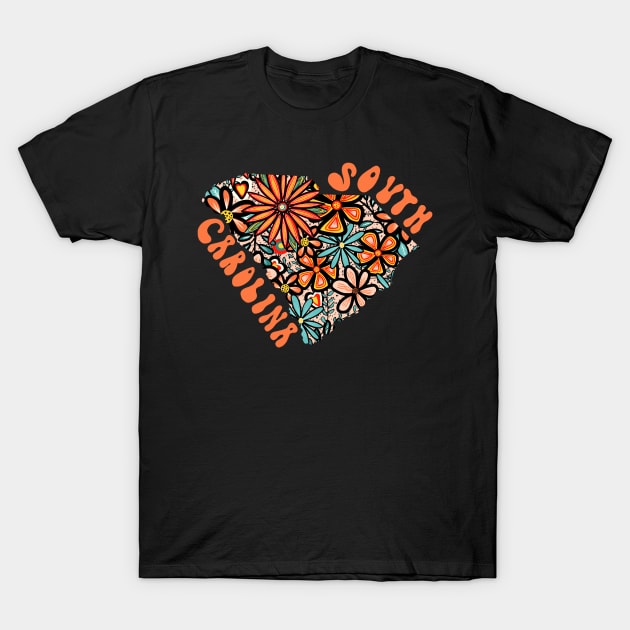 South Carolina State Design | Artist Designed Illustration Featuring South Carolina State Filled With Retro Flowers with Retro Hand-Lettering T-Shirt by MarcyBrennanArt